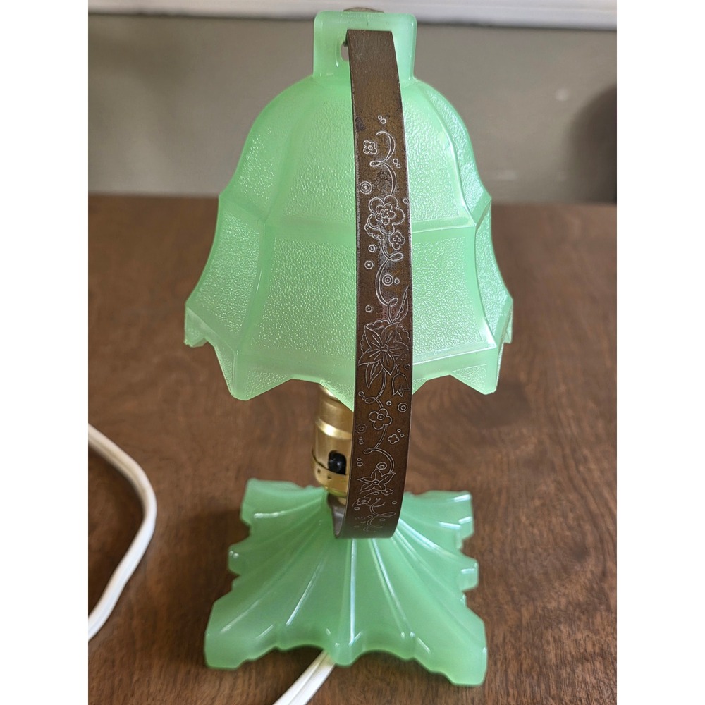 Vintage Jadeite Green Slag Glass Boudoir Lamp Floral Etched Metal Brass 9.5"